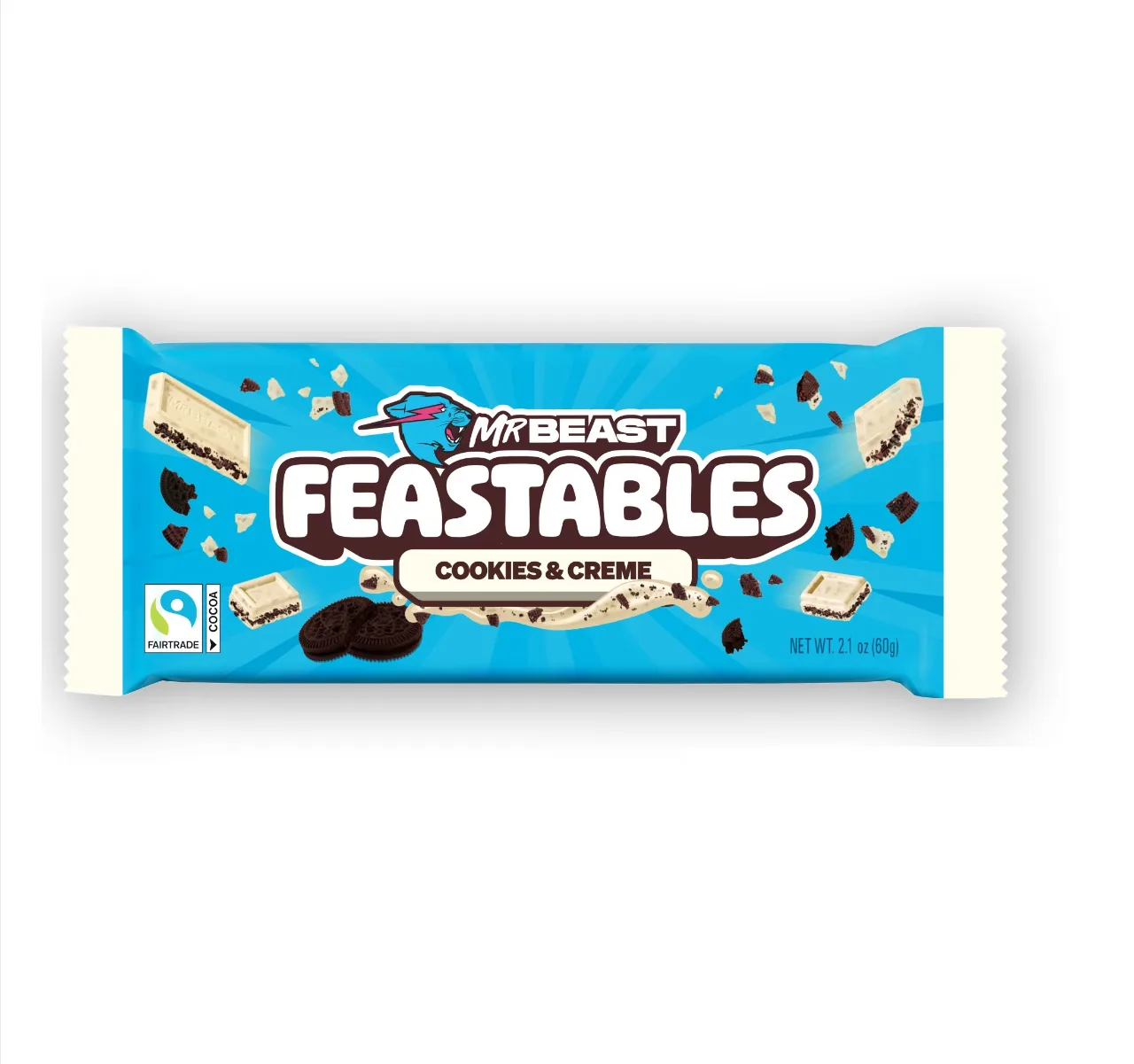 Feastables MrBeast – شوكولاتة بيضاء بنكهة الكوكيز والكريمة.