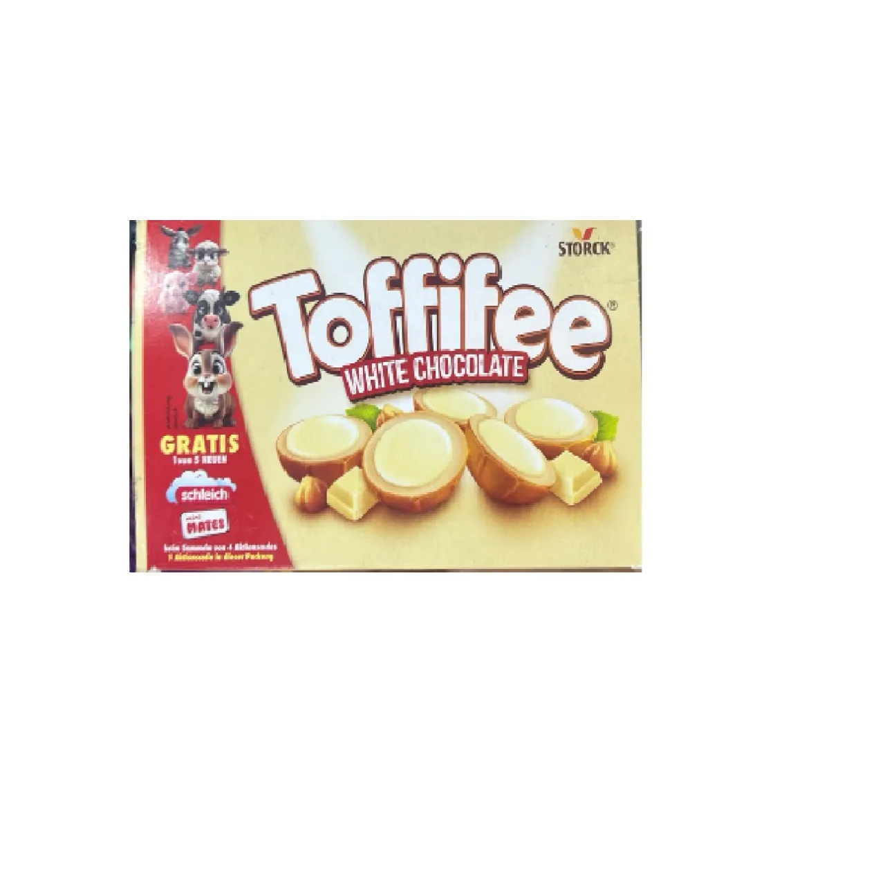 Toffifee White Chocolate – إصدار محدود**، يحتوي على حلوى برالين مع **بندق كامل** مغطى بالكراميل، ومحشو بكريمة لذيذة، ومغطى بطبقة من **الشوكولاتة البيضاء**.  1. يتوفر المنتج غالبًا في عبوة بوزن **125 غرامًا**.